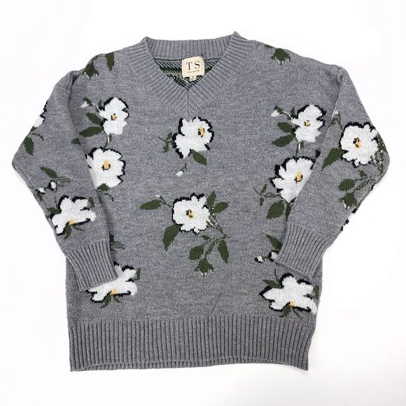 Twine & String Grey Floral Pattern Long Sleeved V-Neck Sweater - Picture 1 of 7